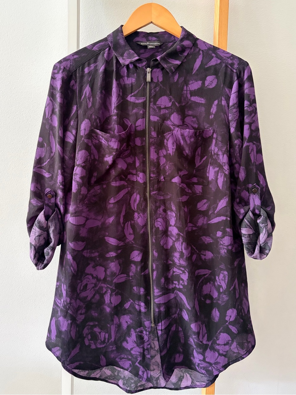 Rock & Republic Purple Floral Sheer Zip-Front Utility Jacket